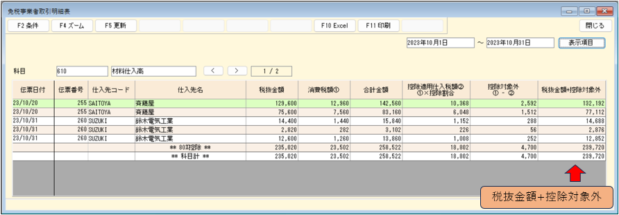 免税事業者取引明細表　集計結果画面