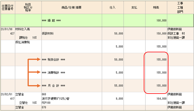 仕入先元帳 合計行の残高表示