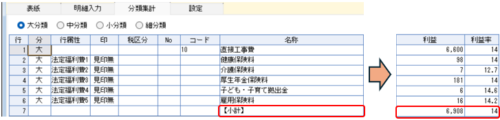見積書 分類集計の小計行に利益を表示
