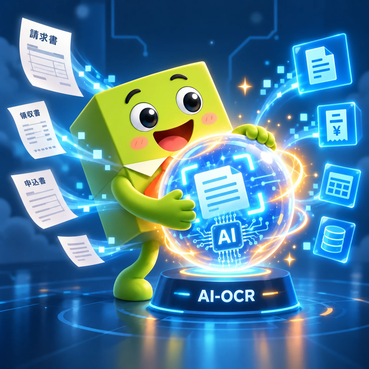 AI-OCR：伝票のデータ（PDF・画像）をAIが読み取り、仕入伝票を自動作成するイメージ