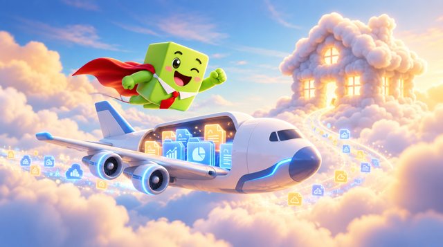 レッツ君が、データを積んだ飛行機と一緒に雲の家（クラウド）へ飛んでいくイラスト