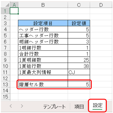工種別予算実績表　設定シート「階層セル数」の設定